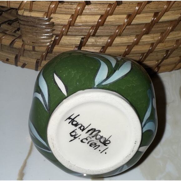 Vintage Pomegranate Vase Small Green Pink White Floral Ceramic Signed 3x3 In - Picture 2 of 8